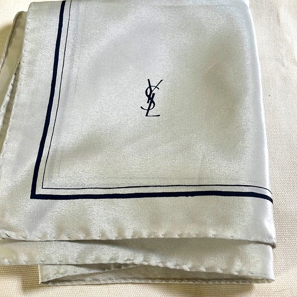 YSL Silk Scarf. Beige with navy border. YSL logo. Approximately 26”x26” - Picture 1 of 5